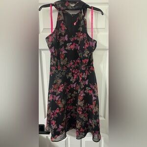 Betsey Johnson Black Midi Dress with Pink & Purple Butterfly Print